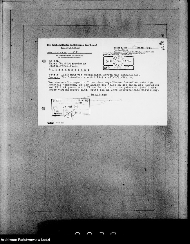 Obraz 16 z jednostki "Oberbürgermeister Litzmannstadt [Korespondencja i zamówienia na dostawę futer i materiałów]"