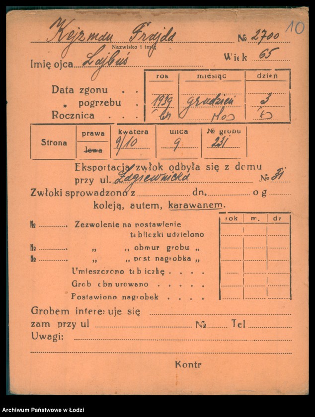 Obraz 11 z jednostki "Kartoteka osób pochowanych na cmentarzu żydowskim przy ulicy Brackiej w latach 1892-1951. Nazwiska na litery: Kei-Ki"