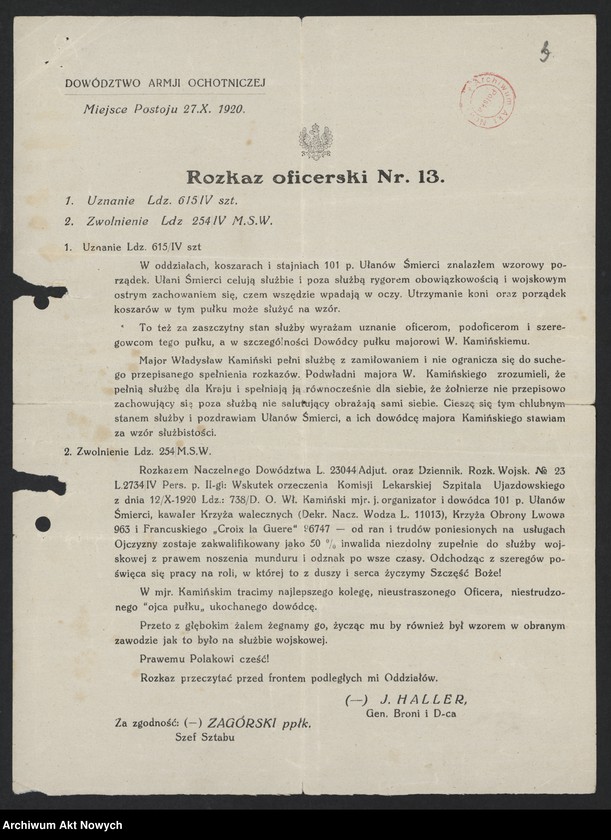 image.from.unit.number "Kamiński Władysław; Załączniki: rozkaz oficerski nr 13; L.1"