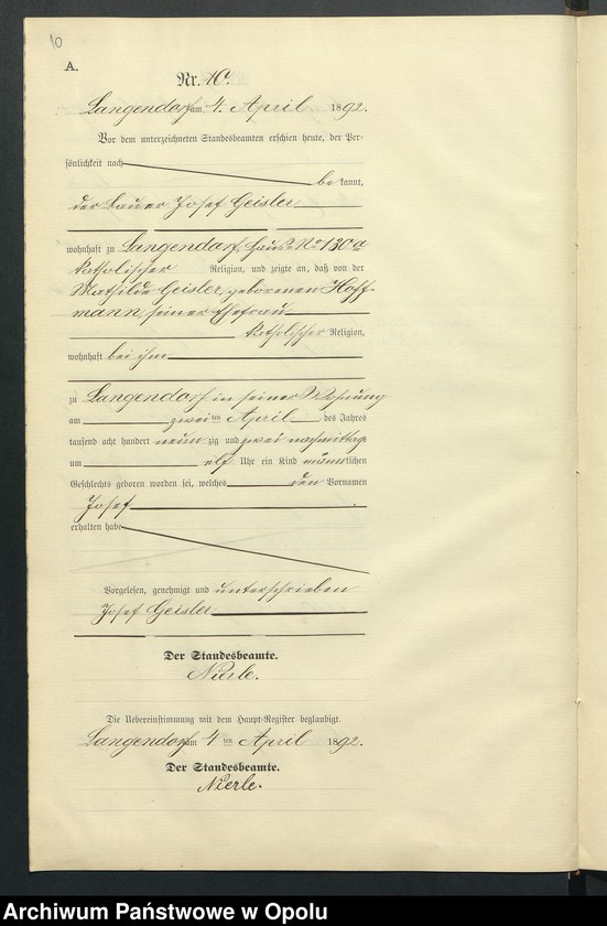 Obraz 14 z jednostki "Geburts-Neben-Register des Standesamts Langendorf pro 1892"