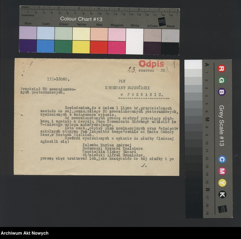 image.from.unit.number "Przydziały nowomianowanych posterunkowych Policji Państwowej w województwie poznańskim. Dekrety mianowania, wykaz, korespondencja."