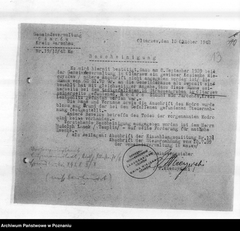 Obraz 17 z jednostki "Beurkundung des Sterbefalles des Landwirts Edmund Modro (Ogrodzona, powiat łęczycki)"