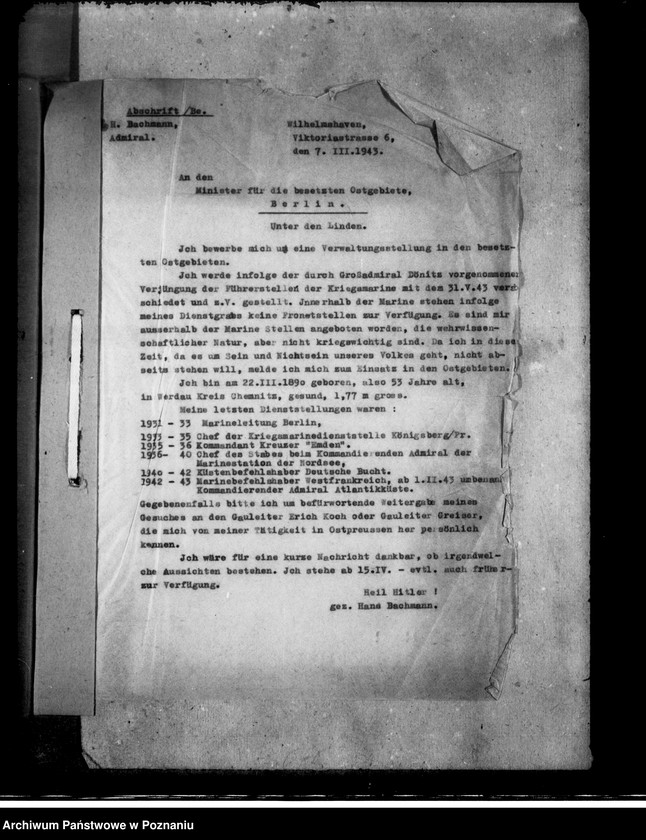 Obraz 5 z jednostki "Hans Bachmann, Admiral, Wilhelmshaven (podanie o przyjęcie do pracy)"
