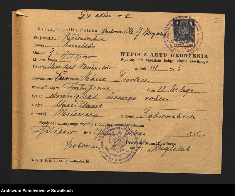 image.from.unit.number "Metryki do aktów ślubu parafii mariawickiej w Filipowie za rok 1935."