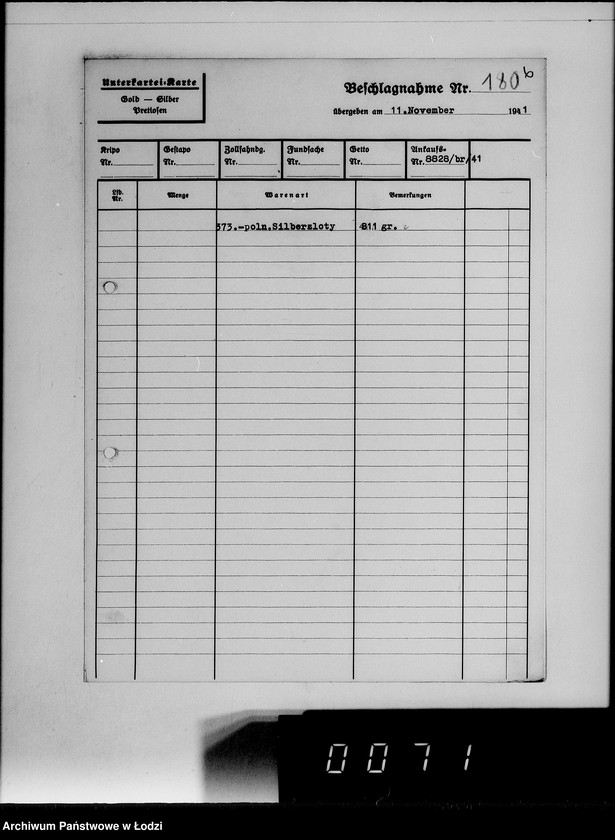 Obraz 10 z jednostki "Ankauf vom J.A.[Kartoteka dostaw skonfiskowanych kosztowności]"