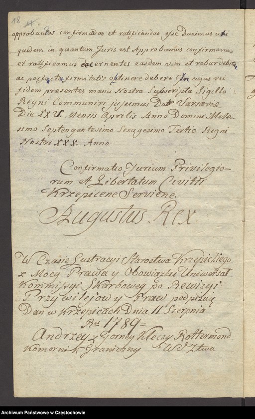 image.from.unit.number "[Kopia wierzytelna przywileju Augusta III, króla polskiego, z dnia 25 kwietnia 1763 roku, potwierdzającego prawa i wolności miasta Krzepic, sporządzona 11 lipca 1836 roku przez Augustyna Śliwińskiego]"