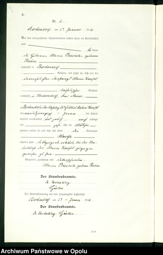 Obraz 7 z jednostki "Geburts-Register (Neben-Register) Standesamt Borkendorf 1912 No. 1 bis 73."