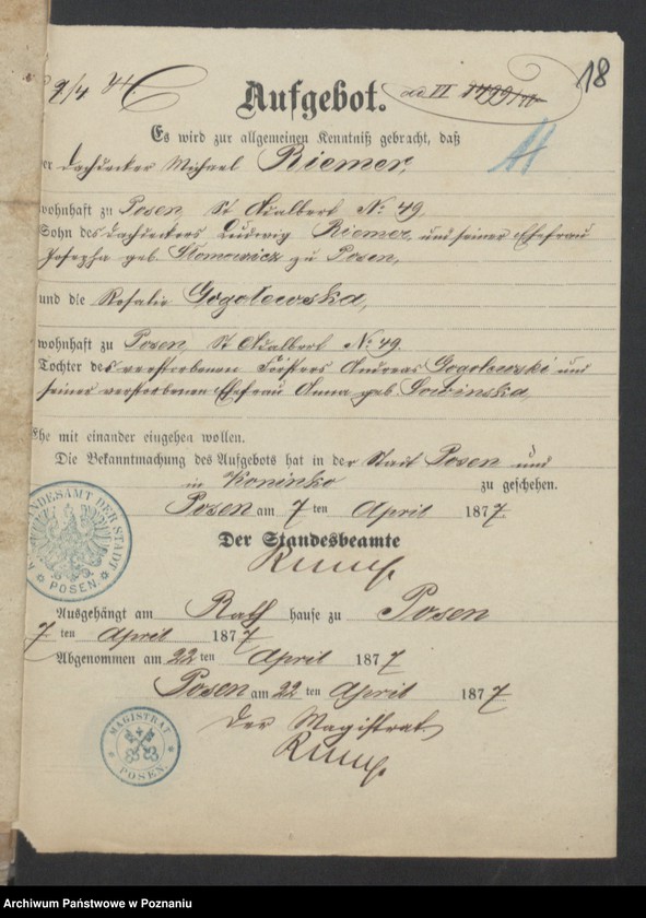 Obraz 20 z jednostki "Die von den Verlobten beigebrachten Urkunden zur Eheschliessung pro 1877"