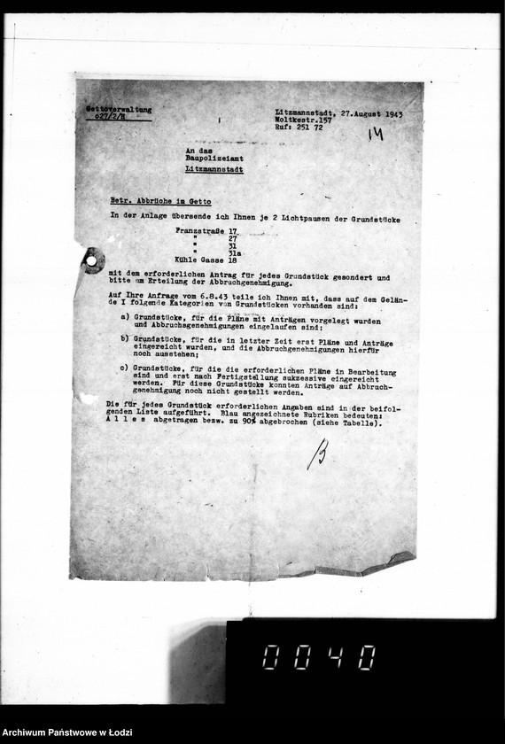 Obraz 18 z jednostki "Abbrüche im Getto. [Korespondencja w sprawie rozbiórki domów w Getcie, miesięczne zestawienia wykonanych prac, wykazy zatrudnionych przy pracach rozbiórkowych]"