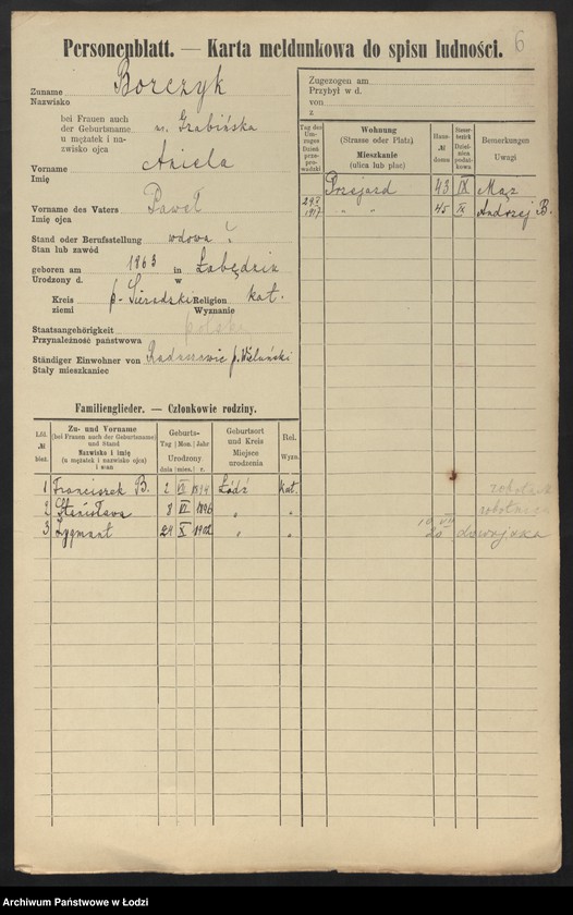 Obraz 8 z jednostki "[Spis ludności Łodzi] Borczuch - Borkowski"