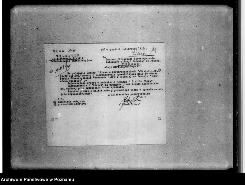 Obraz 8 z jednostki "Sprawy organizacyjne i personalne, korespondencja - członkowie, skład zarządu, sprawozdania z uroczystości, protokoły, zawiadomienia"