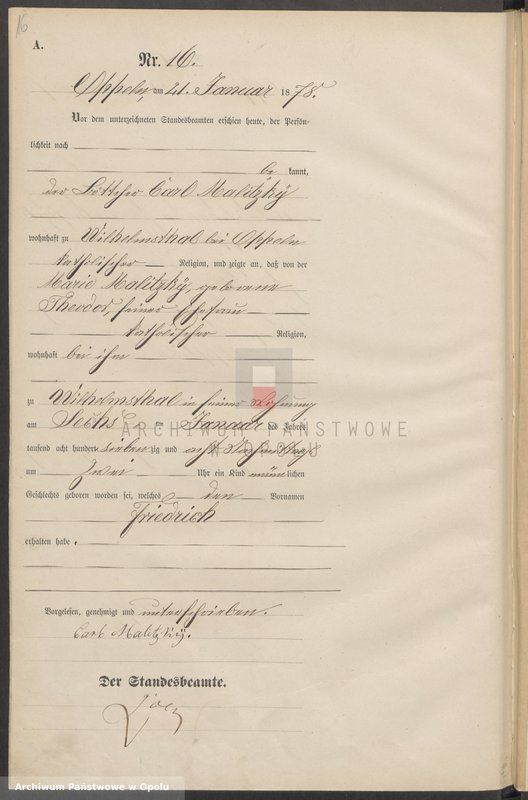 Obraz 20 z jednostki "Urząd Stanu Cywilnego w Opolu 1878 Rejestr Urodzeń Księga Miejscowa Nr 1 do 487"