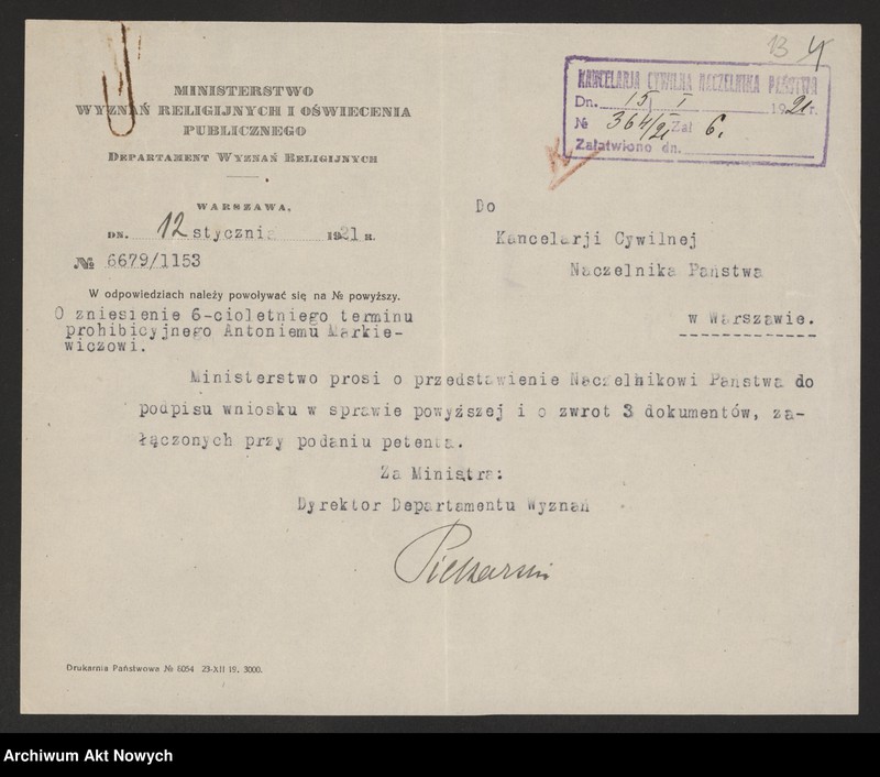 image.from.unit.number "Zniesienie wyroków Ewangelickich Sądów Konsystorskich: Augsburskiego i Reformowanego, o sześcioletnim terminie zakazu wstąpienia w ponowne związki małżeńskie oraz zakazu 10 miesięcznego.Reskrypty Naczelnika Państwa, wnioski, korespondencja z Min. Wyznań Religijnych i Oświecenia Publicznego"