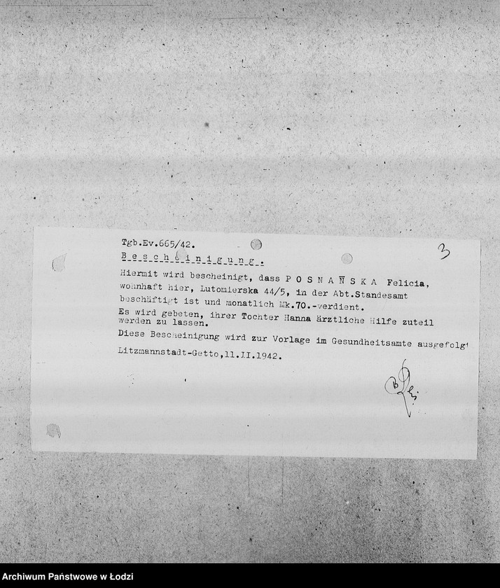 Obraz 6 z jednostki "[Kopie zaświadczeń dla pracowników Wydziałów Ewidencji o zatrudnieniu, wysokości poborów, potrąceniach za komorne, przydziałach żywnościowych i inne]"