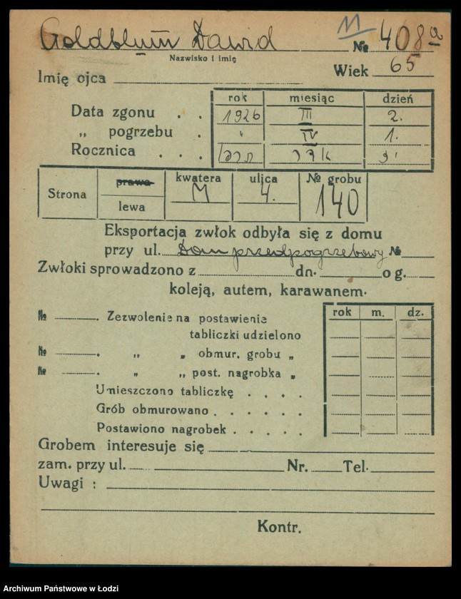 Obraz 12 z jednostki "Kartoteka osób pochowanych na cmentarzu żydowskim przy ulicy Brackiej w latach 1892-1954. Nazwiska na litery: Goldbl-Goldsz"