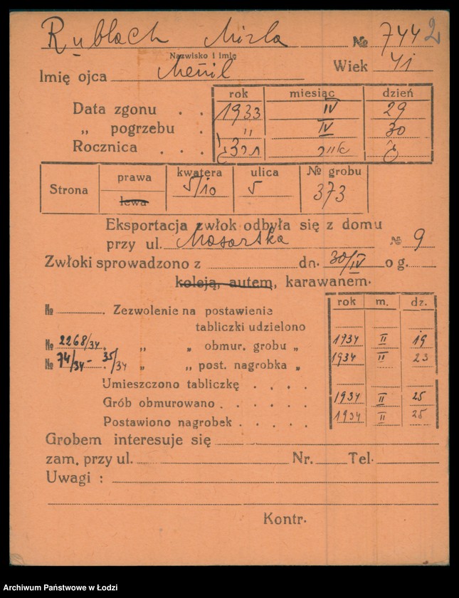 Obraz 3 z jednostki "Kartoteka osób pochowanych na cmentarzu żydowskim przy ulicy Brackiej w latach 1892-1956. Nazwiska na litery: Rubl-Rz"