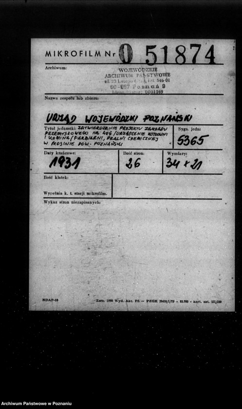 Obraz 2 z jednostki "Zatwierdzenie projektu zakładu przemysłowego nr 406 /urządzenia kotłowni i komina/ Farbiarni, Pralni Chemicznej w Mosinie powiat poznański"