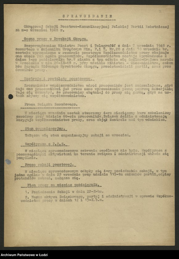 Obraz 8 z jednostki "Sekcja Pocztowa; sprawozdania [z działalności], protokoły [narad], plany pracy, referaty i rezolucje"