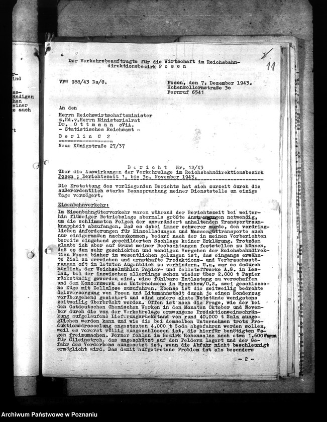 Obraz 15 z jednostki "Berichte über Auswirkungen der Verkehrslage im Reichsbahndirektionsbezirk Posen. Versorgung der bombenbeschädigten Bevölkerung. Treibstoffzuteilungen"