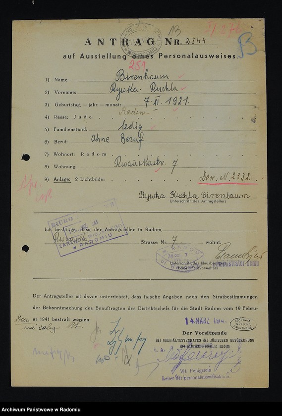 image.from.unit.number "[Wnioski o wydanie dowodów osobistych oraz nie odebrane dowody Birenbaum Rachela - Blass]"