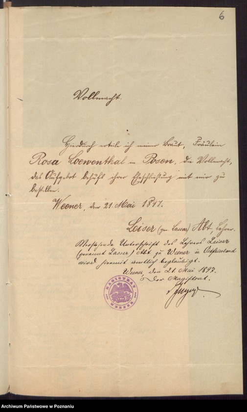 Obraz 8 z jednostki "Die von den Verlobten beigebrachten Urkunden zur Eheschliessung pro 1897"