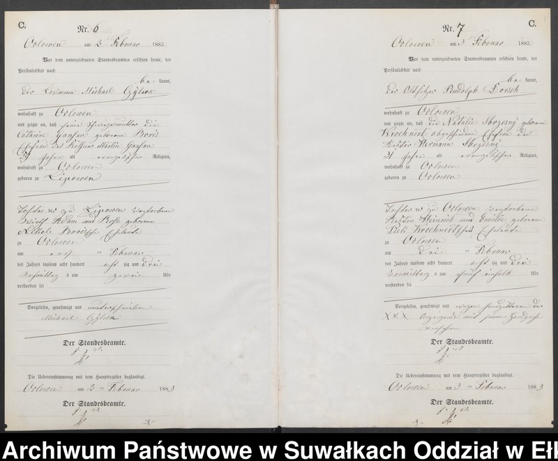 image.from.unit.number "Sterbe-Neben-Register des Preussischen Standes-Amtes Orlowen Kreis Loetzen für das Jahr 1883"