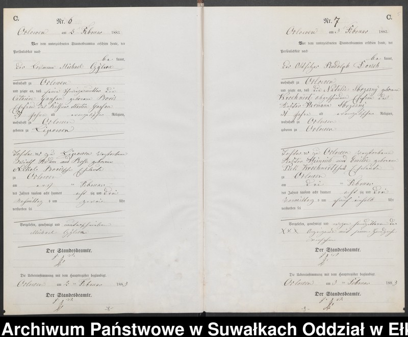 Obraz 8 z jednostki "Sterbe-Neben-Register des Preussischen Standes-Amtes Orlowen Kreis Loetzen für das Jahr 1883"