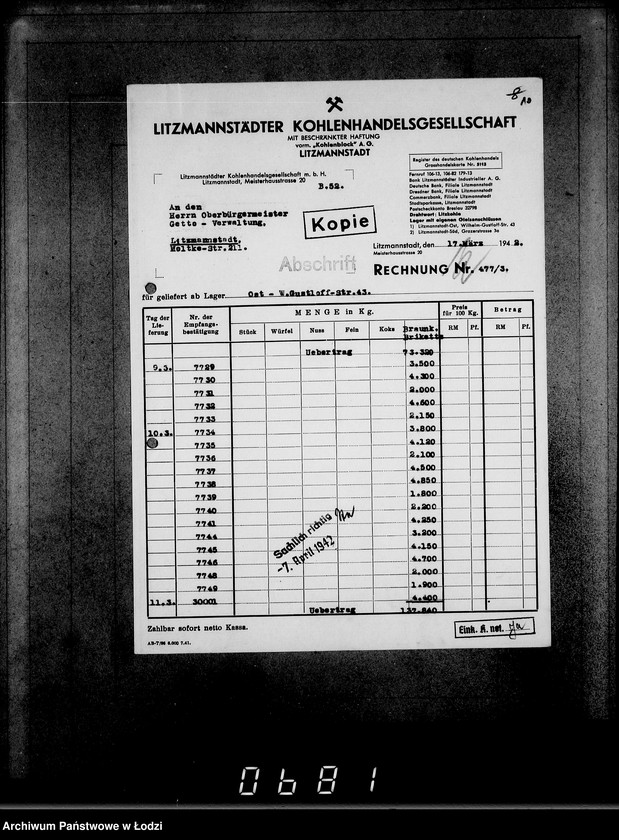 Obraz 14 z jednostki "Aufträge [Lieferscheinen und Rechnungen] 13371-13415. [Dostawa produktów do Getta]"
