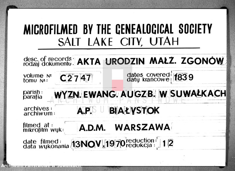 image.from.unit.number "Księga Duplikat Urzędnika Stanu Cywilnego Wyznania Ewangelickiego Okręgu Suwałki w Powiecie Dąbrowskim Obwodzie i Gubernii Augustowskiey na Rok 1839."