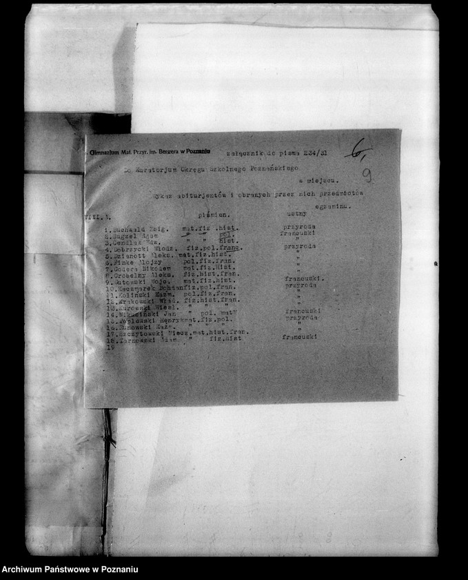 Obraz 13 z jednostki "Państwowe Gimnazjum imienia Bergera- Poznań [protokół egzaminu eksternistów i spisy abiturientów]"