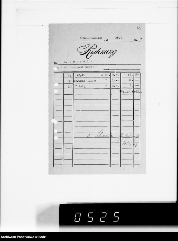 Obraz 19 z jednostki "Diverse Sch-Z [rachunki za dostawy towarów spoza Getta]"