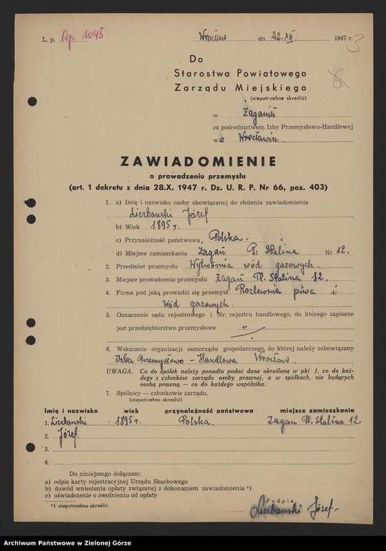Obraz 5 z jednostki "Rozlewnia i wytwórnia wód gazowanych - J. Liczbański w Żaganiu - zawiadomienia, karta repatriacyjna , zgłoszenie prowadzenia działalności gospodarczej"