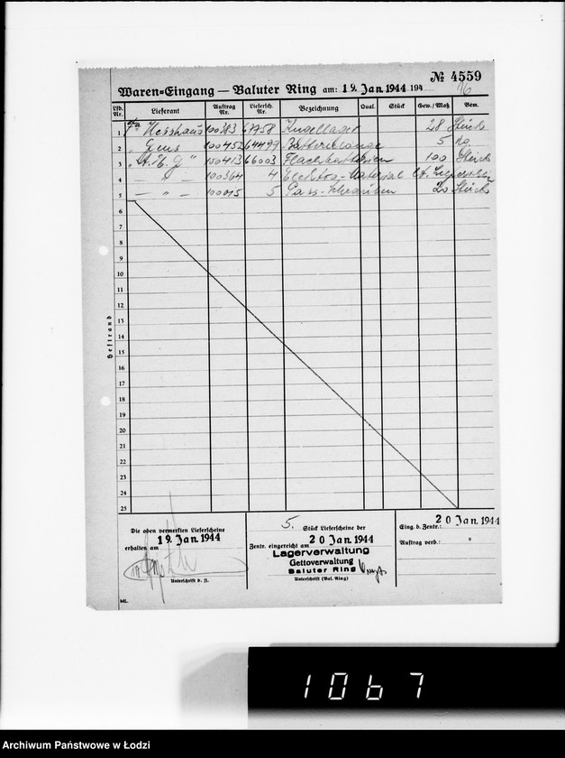 Obraz 20 z jednostki "Waren-Eingang. Baluter Ring [Dzienne zestawienia faktur na towary dostarczane do składów Getta na Bałuckim Rynku]"