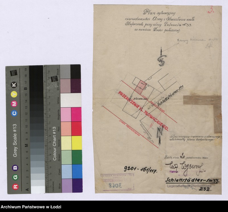 Obraz 1 z jednostki "Plan sytuacyjny nieruchomości Anny i Stanisława małżonków Stefaniak przy ulicy Lelewela Numer 33 w mieście Łodzi położonej"