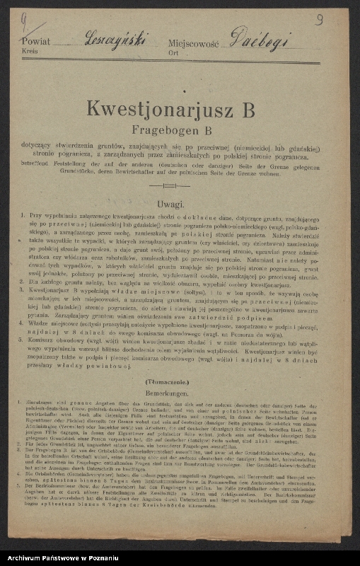 Obraz 9 z jednostki "[Kwestionariusze dotyczące stwierdzenia gruntów znajdujących się po niemieckiej stronie pogranicza a zarządzanych przez zamieszkałych po stronie polskiej] powiat leszczyński"