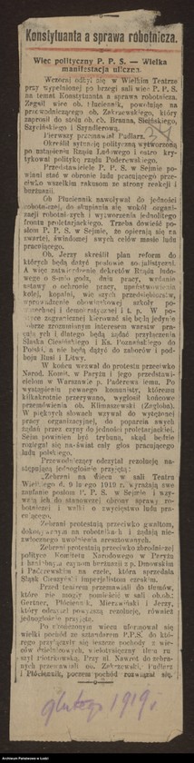 Obraz 1 z jednostki "[Ulotka realcjonująca wiec polityczny zorganizowany przez Polską Partię Socjalistyczną]"