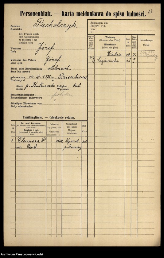 Obraz 20 z jednostki "[Spis ludności Łodzi] Pacholczyk-Pająkowski"