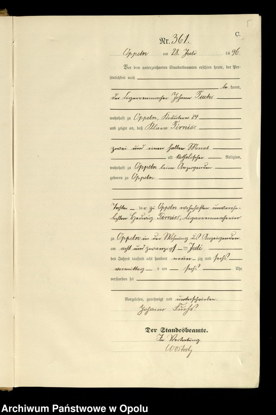 Obraz 8 z jednostki "Urząd Stanu Cywilnego w Opolu 1896 Rejestr zgonów Księga Miejscowa Nr 357 do 607"