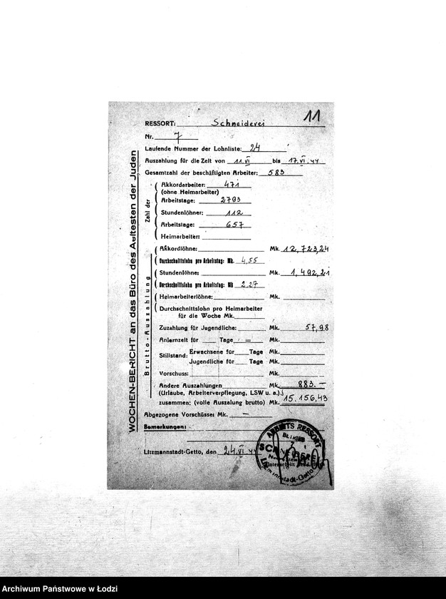 Obraz 14 z jednostki "[Tygodniowe sprawozdania resortów pracy: liczba pracowników, czas pracy, wysokość płacy]"