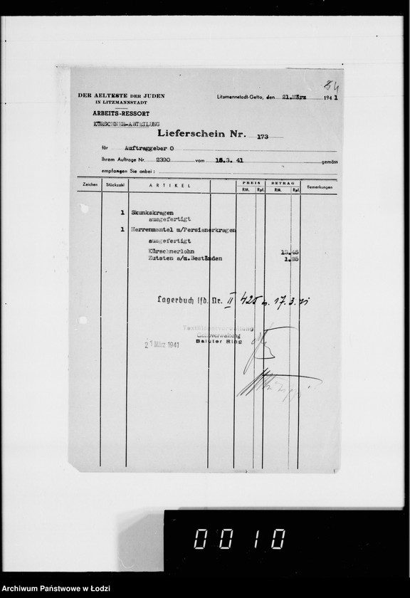 Obraz 8 z jednostki "Kürschnerei. [Zamówienia, rachunki i świadectwa dostaw]"