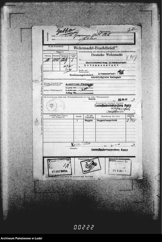 Obraz 11 z jednostki "Frachtbriefe [Kolejowe listy przewozowe różnych towarów do Getta w Łodzi]"
