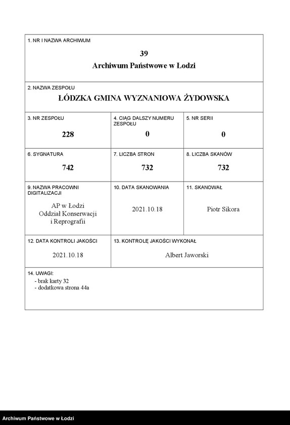 Obraz 1 z jednostki "Kartoteka osób pochowanych na cmentarzu żydowskim przy ulicy Brackiej w latach 1892-1957. Nazwiska na litery: To-Ty"