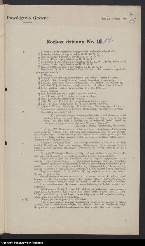Obraz 17 z jednostki "/Rozkazy dzienne Dowództwa Głównego Sił Zbrojnych w byłym zaborze pruskim/, do nr 100."