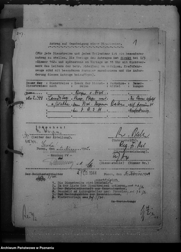 Obraz 5 z jednostki "Genehmigungen der Dienstreisen / Archivgut - Bytyn, Ceradz, Tarnowo, Starpel / i inne wyjazdy służbowe"