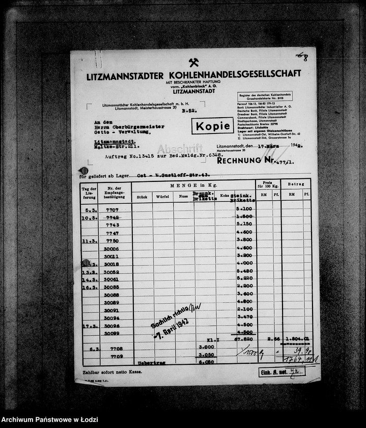 Obraz 12 z jednostki "Aufträge [Lieferscheinen und Rechnungen] 13371-13415. [Dostawa produktów do Getta]"