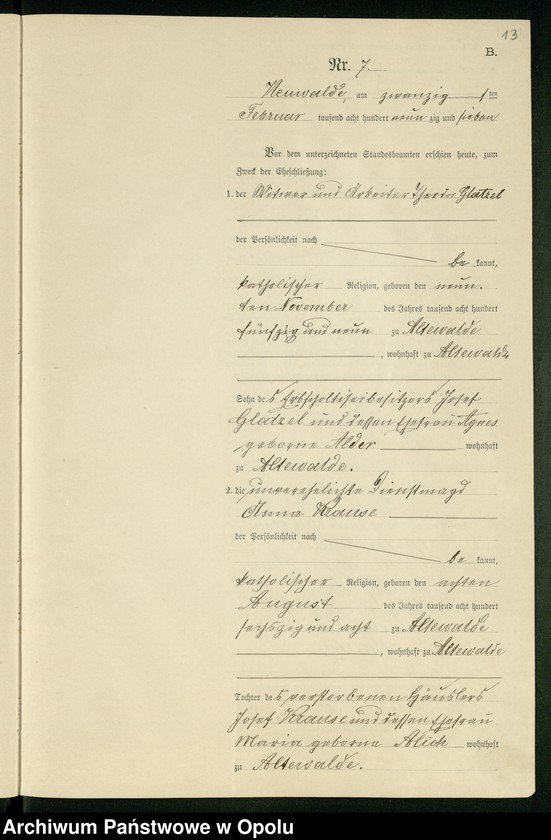 Obraz 17 z jednostki "Heiraths-Neben-Register des Standesamts Altewalde pro 1897"
