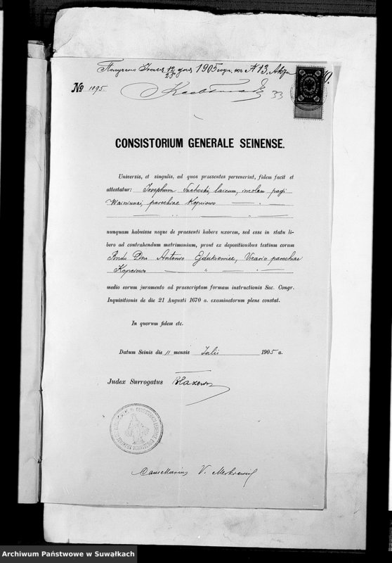 image.from.unit.number "Dokumenty k aktam brakosočetavšichsja Kopciovskago R.K. Prichoda za 1905 god"