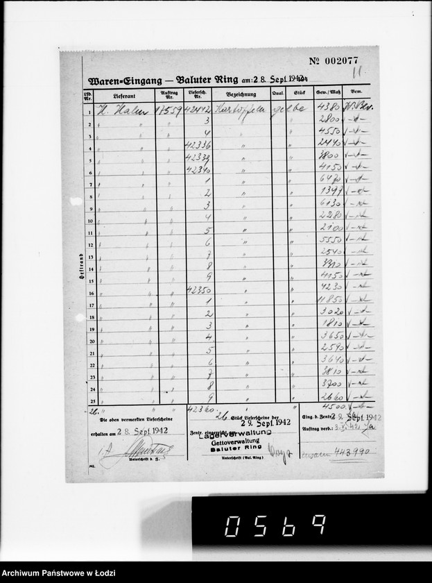 Obraz 15 z jednostki "[Dzienne zestawienia produktów żywnościowych i innych dostarczanych do składów Getta na Bałuckim Rynku]"