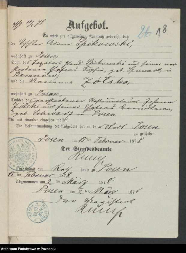 Obraz 19 z jednostki "Die von den Verlobten beigebrachten Urkunden zur Eheschliessung pro 1878"