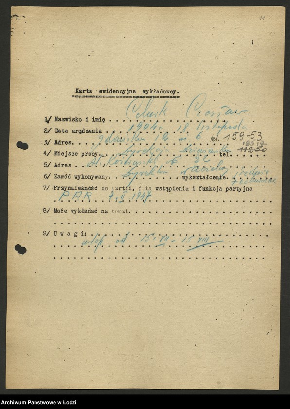 Obraz 12 z jednostki "Karty ewidencyjne wykładowców szkoły partyjnej /A-Z/"